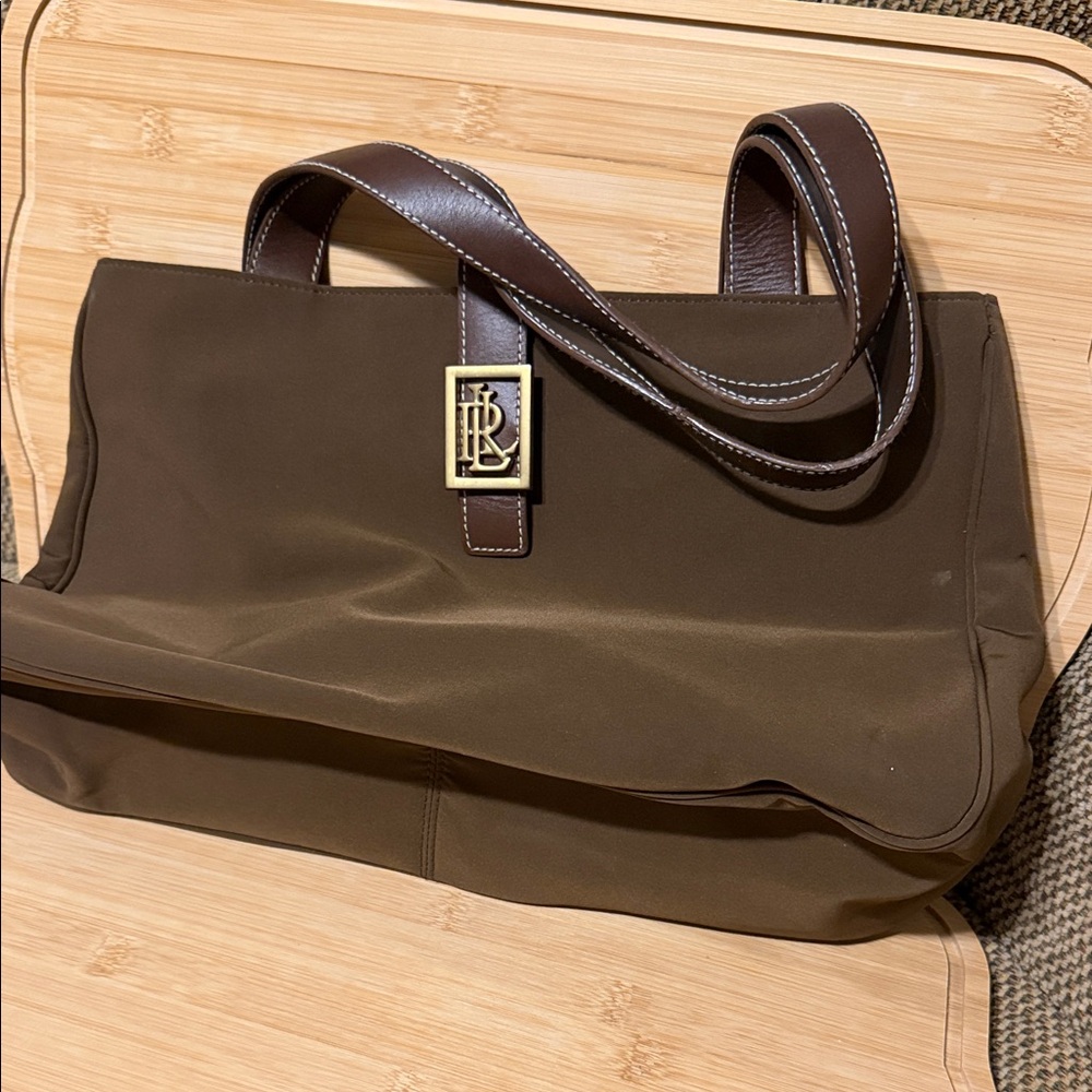 Ralph Lauren Brown Canvas Shoulder Bag with Gold Monogram Hardware